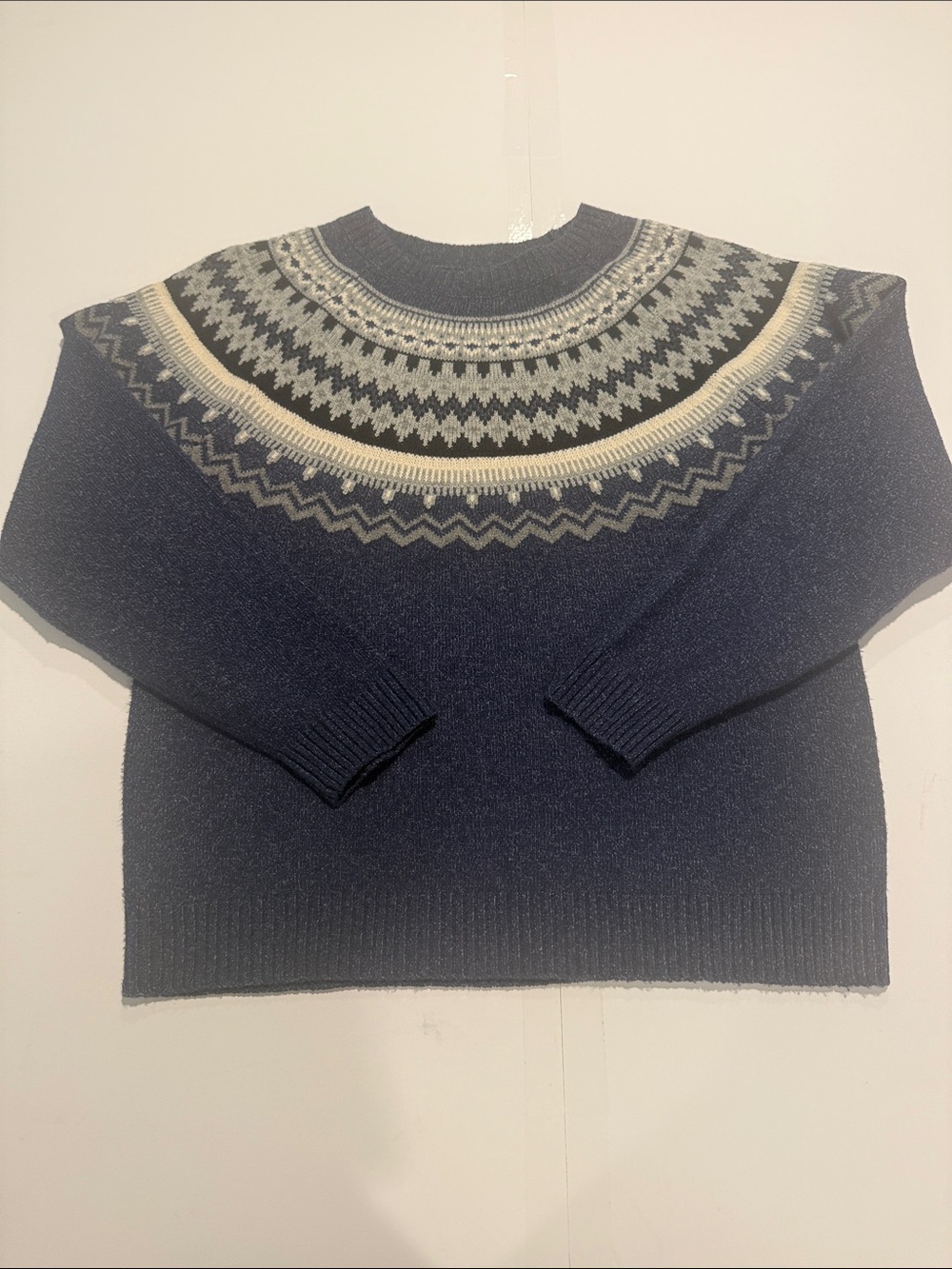 Women’s Weatherproof Navy Crewneck Sweater with Cream and Gray Fair Isle Yoke